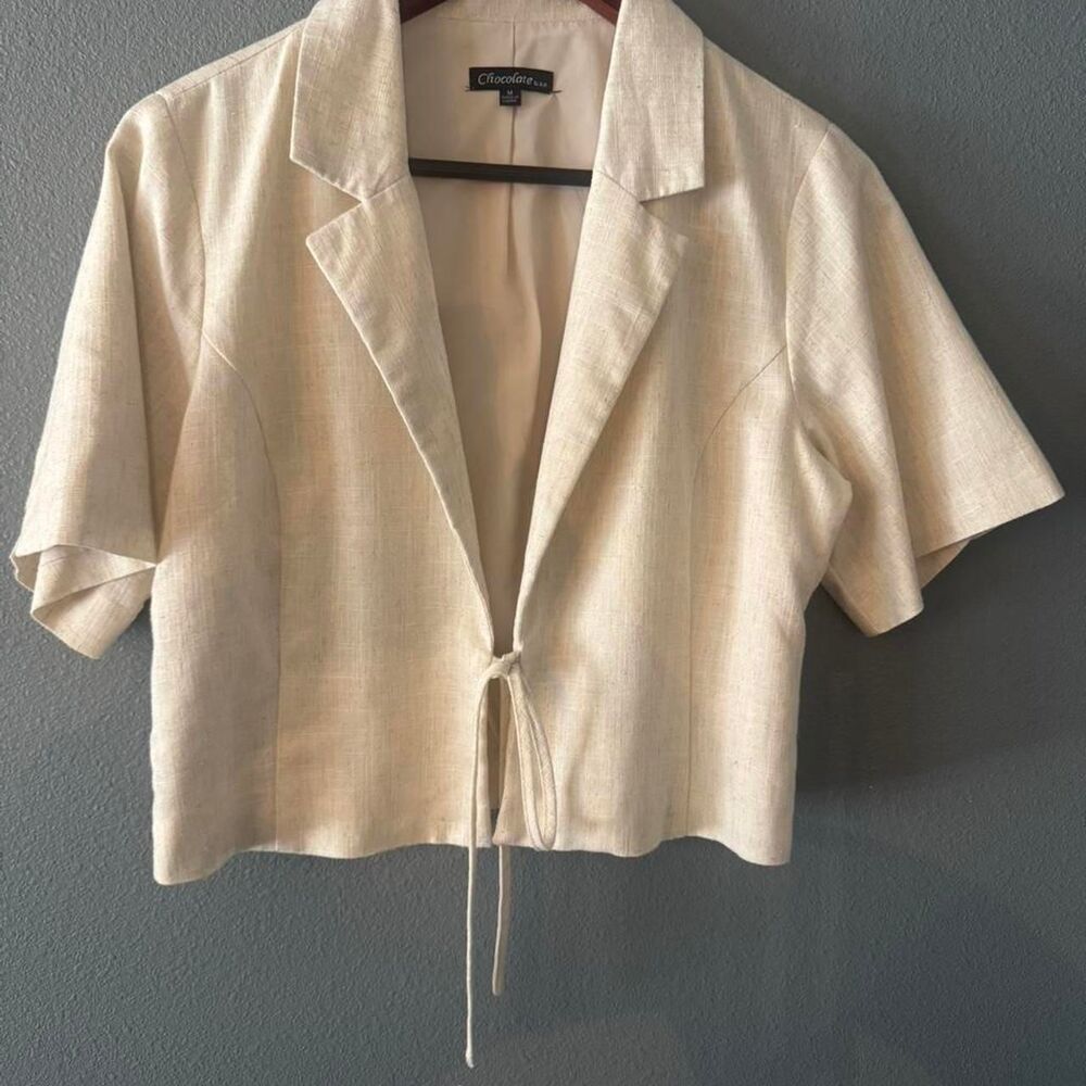 Tie Front Cropped Women's Cream and Tan Blazer Jacket